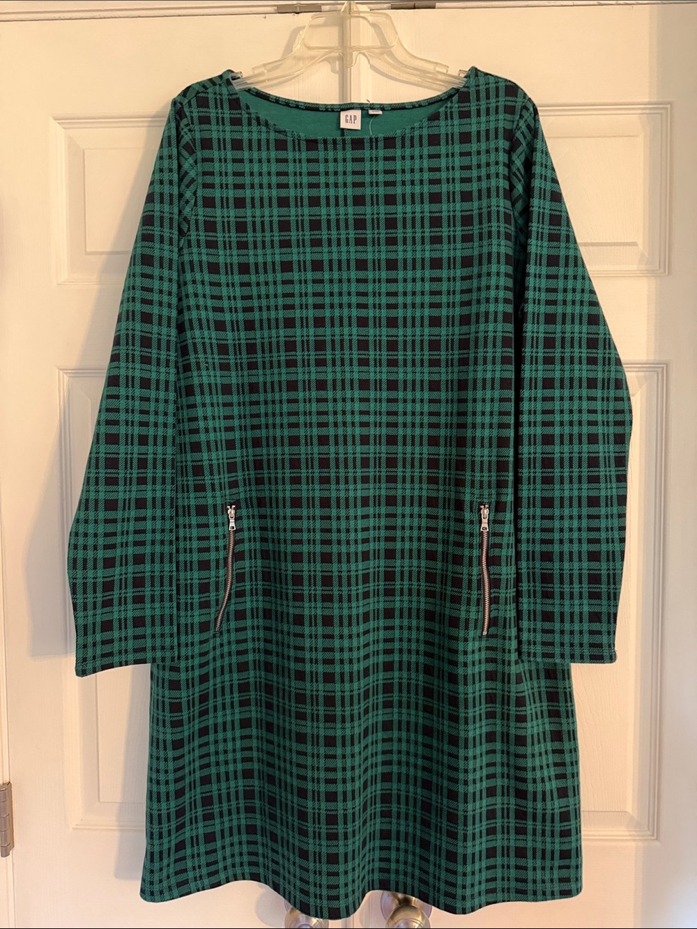 GAP Teal and Navy Knit  Plaid Shift Dress with Zipper Pockets